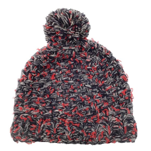 CHANEL RED / GREY / BLACK WOVEN CASHMERE AND SILK CHUNKY KNIT POM POM BEANIE / H - Picture 2 of 13